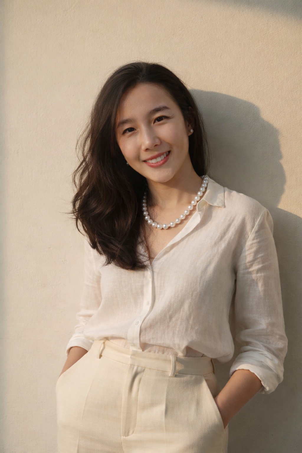 Emily Tan — Mrs. VANA — co-founder of VANA Fine Jewellery, wearing a pearl strand